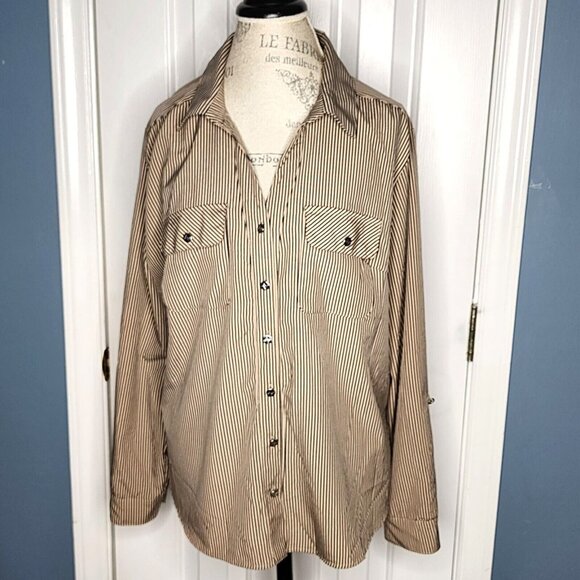 Adrienne Vittadini Tops - Adrienne Vittadini Shirt Women XL Brown Stripe Button Long Sleeve Stretch Office